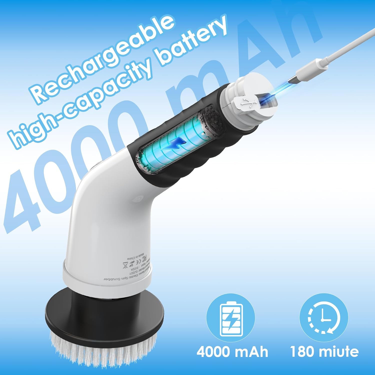 Electric Spin Scrubber, Cordless Cleaning Brush with 180 Min Runtime, 3-Speed, 7 Replaceable Brush Heads & Long Detachable Handle, LCD Display (RPM/Torque/Battery), for Bathroom, Kitchen, Tile